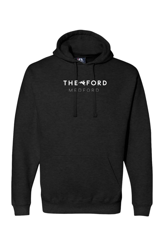 Black premium cotton-blend hoodie featuring The Ford Medford white logo and a kangaroo pocket.