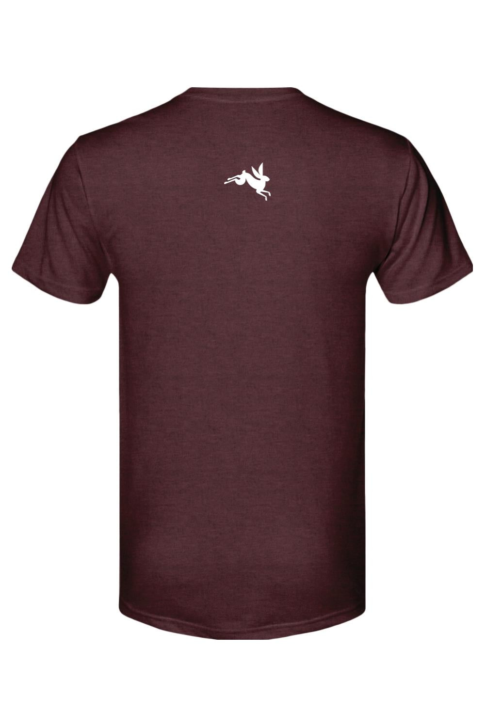 Maroon short-sleeve triblend t-shirt featuring a small white leaping rabbit logo on the upper back.