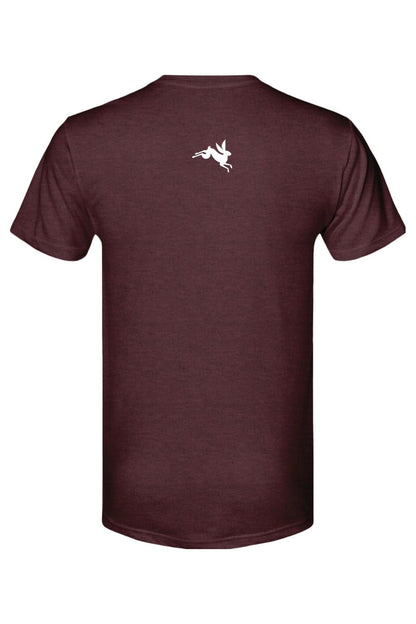 Maroon short-sleeve triblend t-shirt featuring a small white leaping rabbit logo on the upper back.