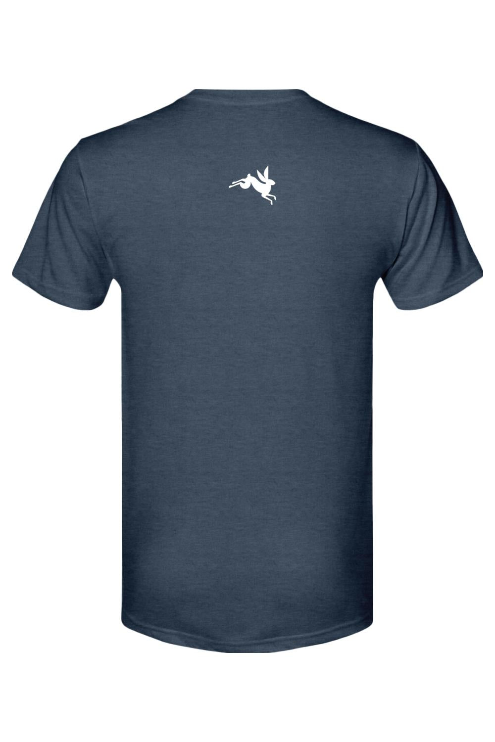 Navy blue short-sleeve triblend t-shirt featuring a small white leaping rabbit logo on the upper back.