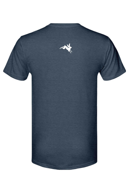 Navy blue short-sleeve triblend t-shirt featuring a small white leaping rabbit logo on the upper back.