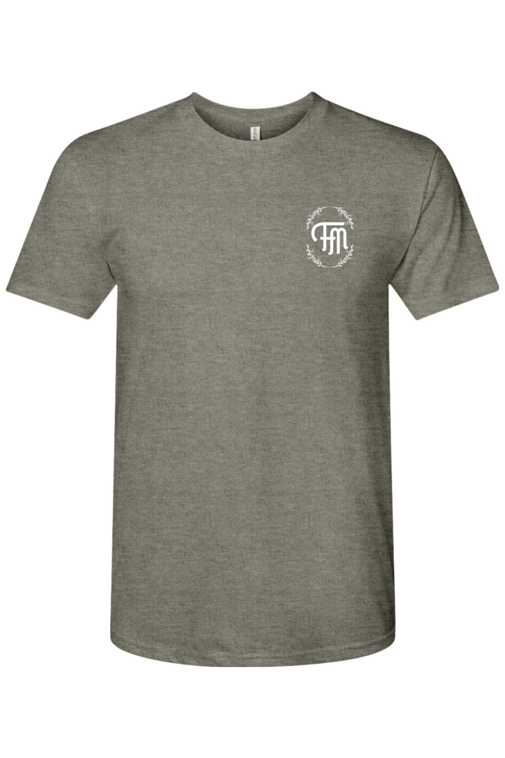 Grey heathered triblend t-shirt featuring a white Ford oval logo with a laurel wreath design on the chest.