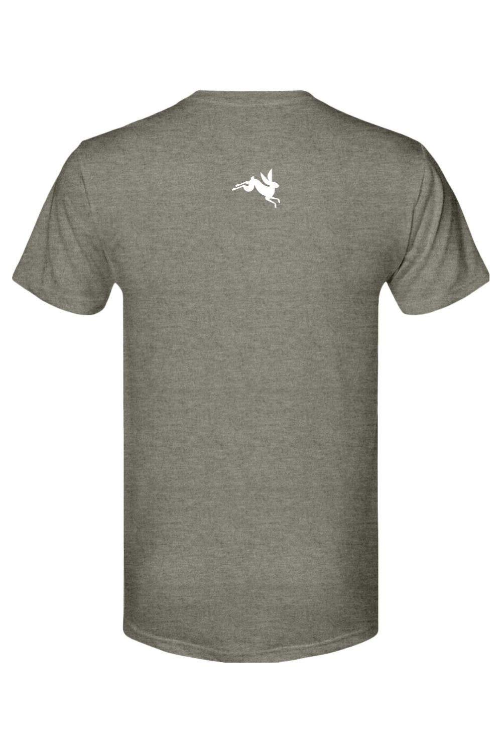 Grey heathered triblend t-shirt featuring a small white jumping rabbit logo on the upper back.