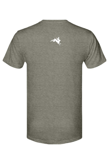 Grey heathered triblend t-shirt featuring a small white jumping rabbit logo on the upper back.