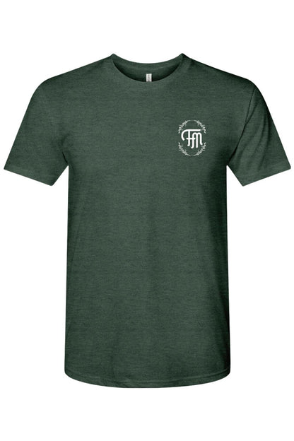 Dark green heathered triblend t-shirt featuring a white Ford logo inside a circular floral wreath on the chest.