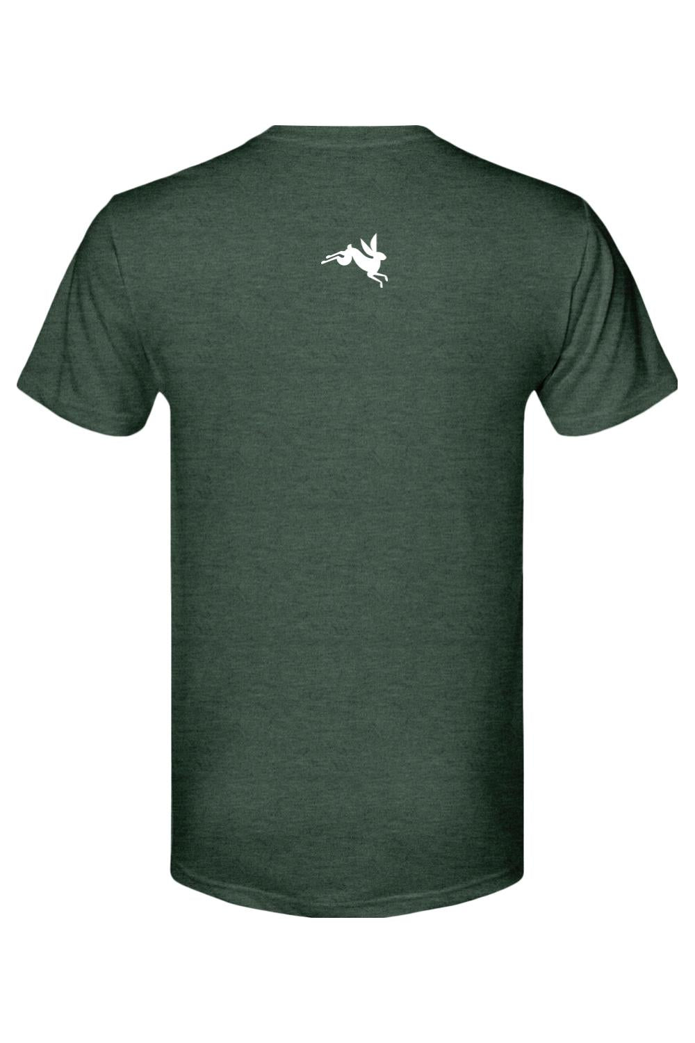 Back view of a dark green heathered triblend t-shirt featuring a small white leaping rabbit logo on the upper back.