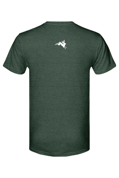 Back view of a dark green heathered triblend t-shirt featuring a small white leaping rabbit logo on the upper back.