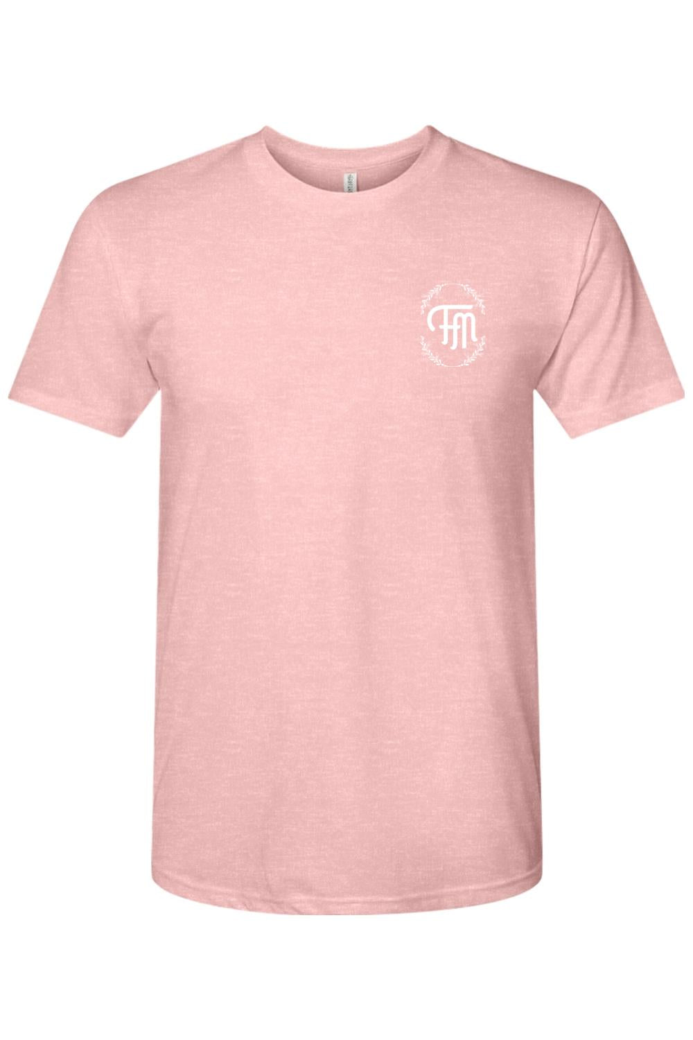 Soft pink triblend crewneck t-shirt featuring a white Ford oval logo graphic on the left chest.