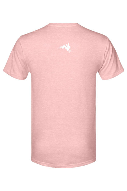 Back view of a soft, light pink triblend t-shirt featuring a small white rabbit logo centered on the upper back.