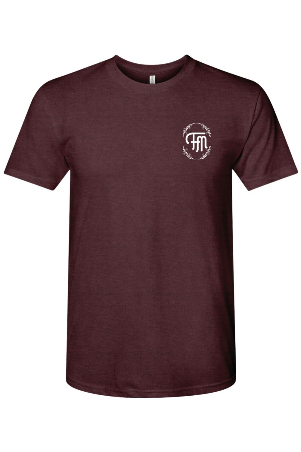 Maroon triblend crewneck t-shirt featuring a white Ford oval logo with a floral wreath design on the left chest.