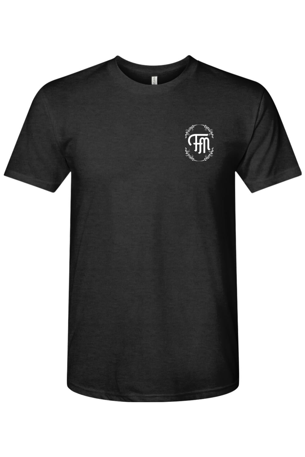 Black short-sleeve triblend t-shirt featuring a white Ford oval logo with a decorative wreath design on the chest.