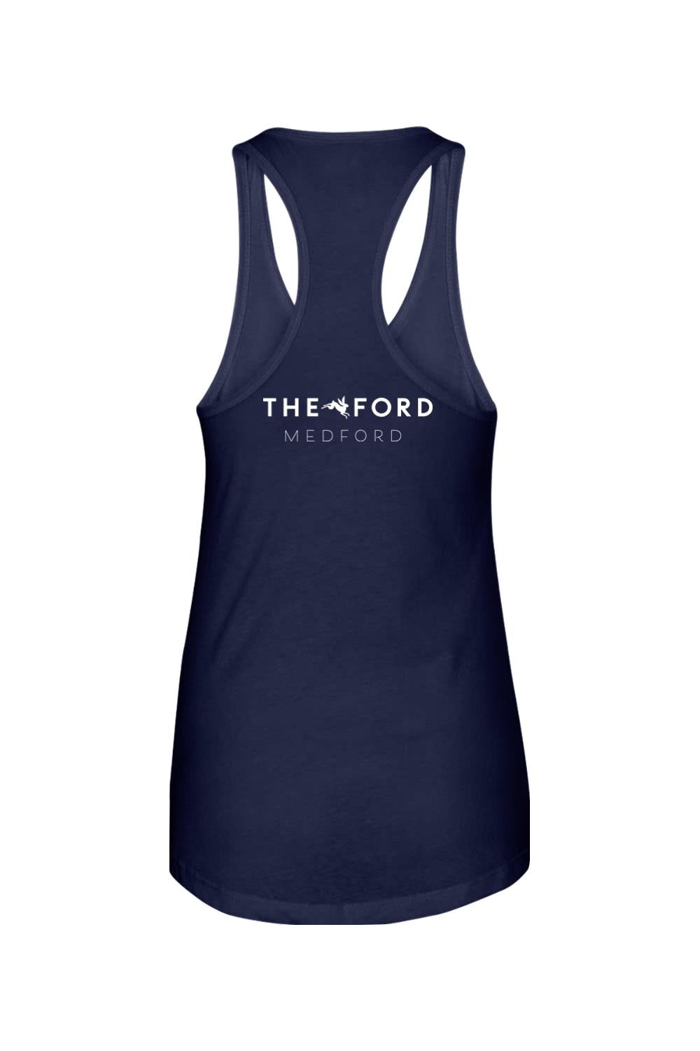 Navy blue racerback tank top with white The Ford Medford logo on the back, made from a soft cotton-polyester blend.