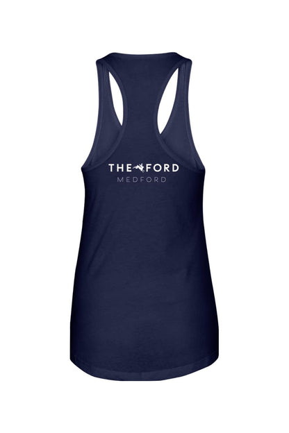 Navy blue racerback tank top with white The Ford Medford logo on the back, made from a soft cotton-polyester blend.