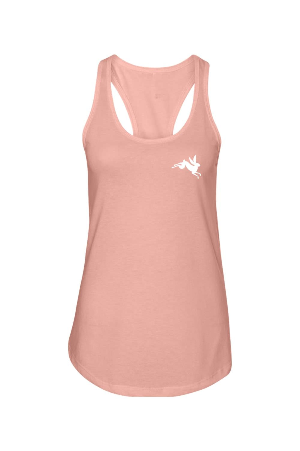 Dusty pink racerback tank top in soft cotton-poly blend with a small white jumping rabbit logo on the chest.