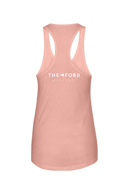 Dusty rose racerback tank top featuring a white The Ford Medford logo on the back in a lightweight cotton-blend fabric.