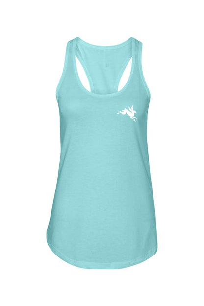 Light blue racerback tank top in soft cotton-polyester blend with a small white leaping rabbit logo on the chest.