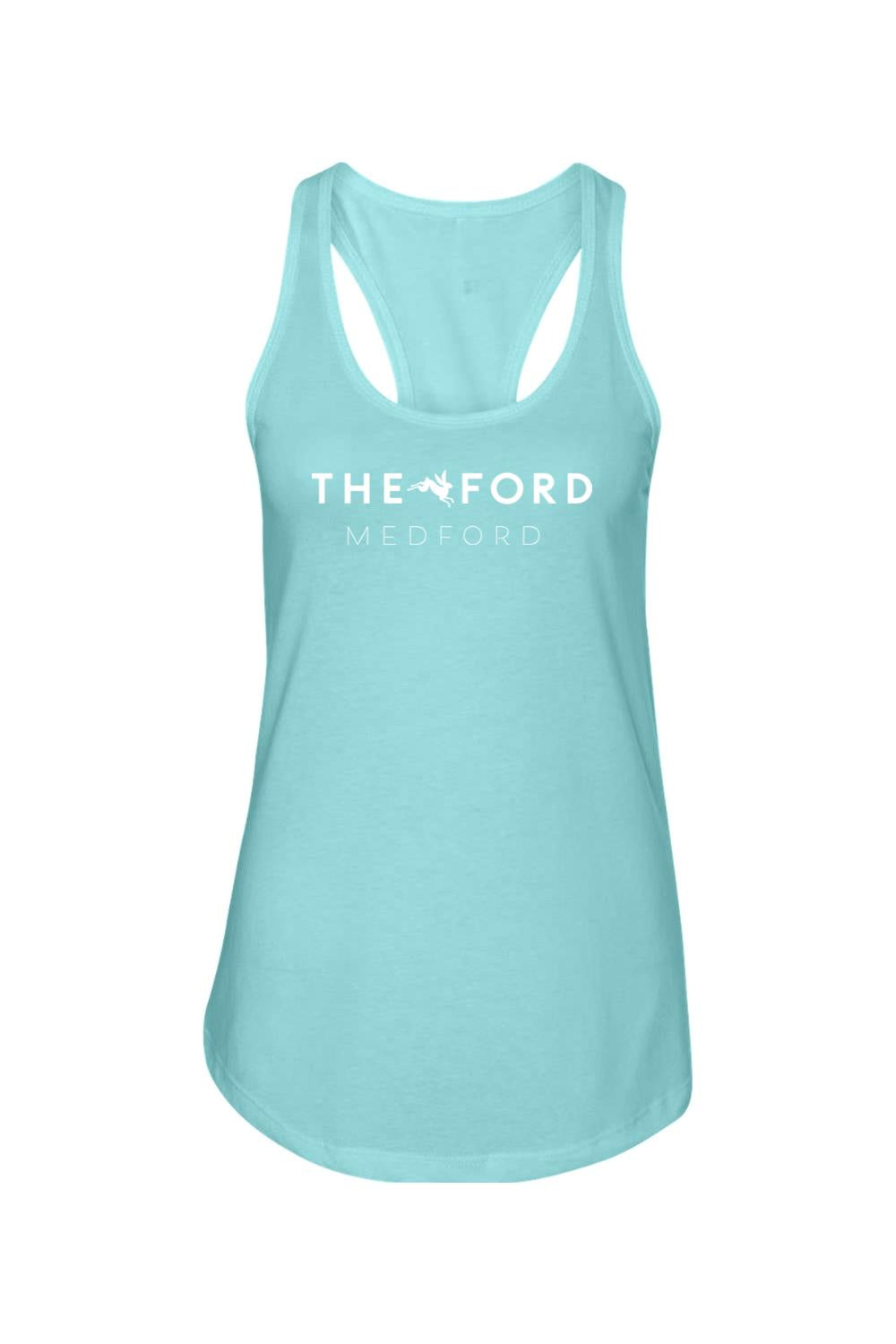 Light blue racerback tank top with The Ford Medford logo in white on the chest, made from a soft cotton-poly blend.