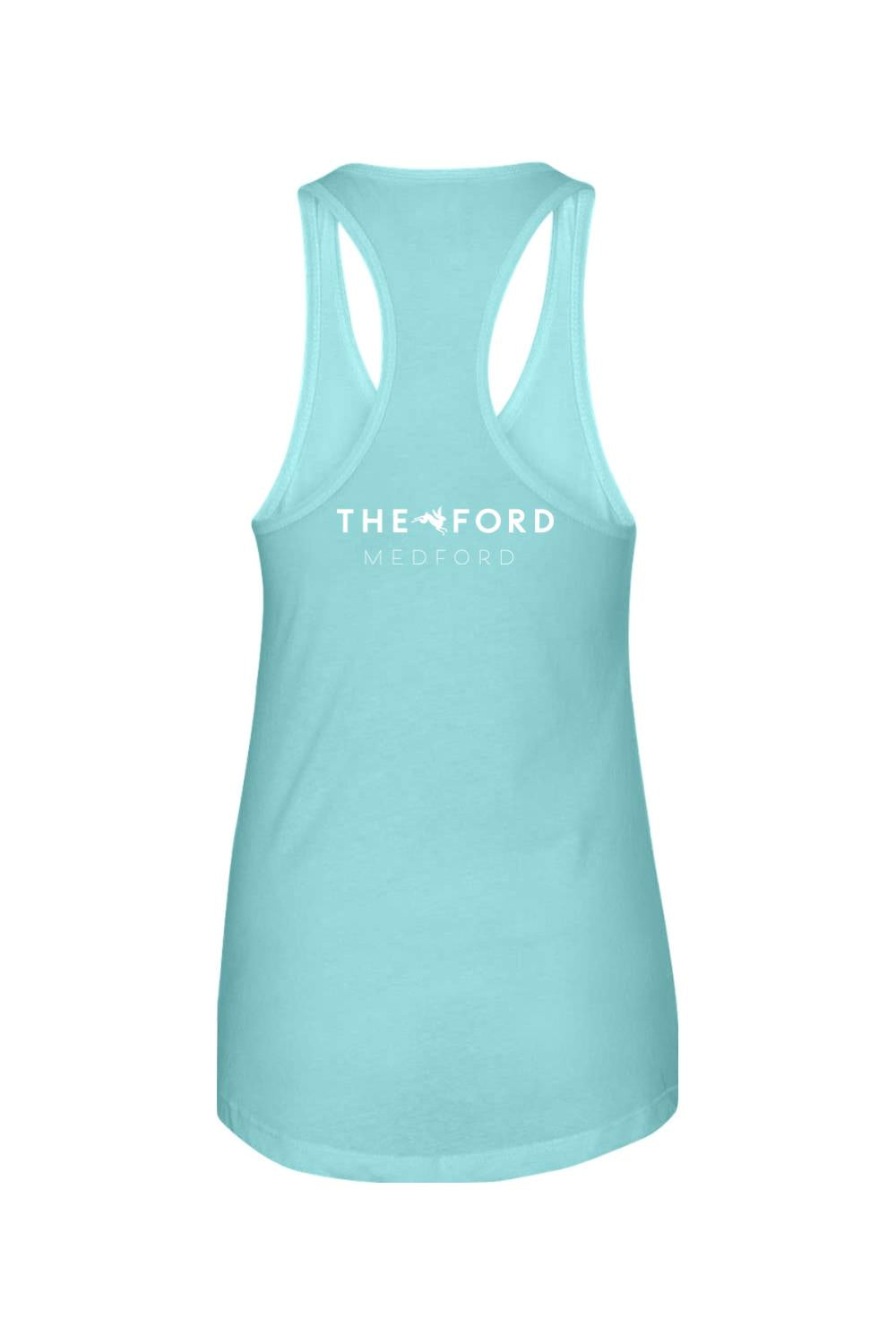 Light blue racerback tank top featuring The Ford Medford logo in white on the back, made from a soft cotton blend.