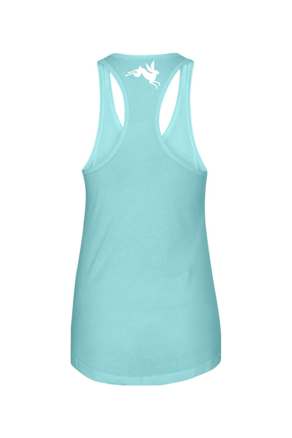 Light blue racerback tank top in soft cotton-polyester blend with a white rabbit logo on the upper back.