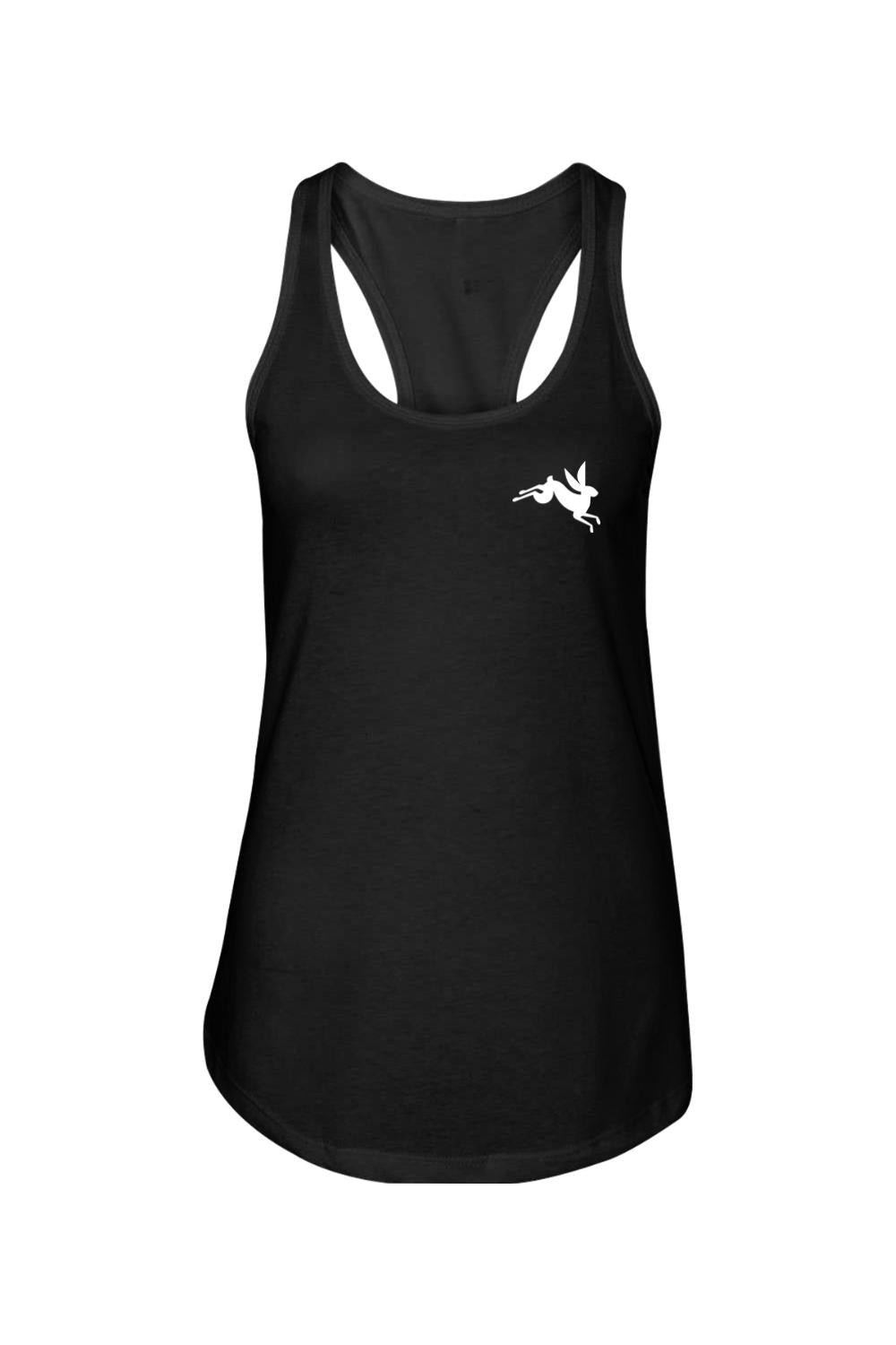 Black racerback tank top in cotton-polyester blend featuring a small white leaping rabbit logo on the chest.