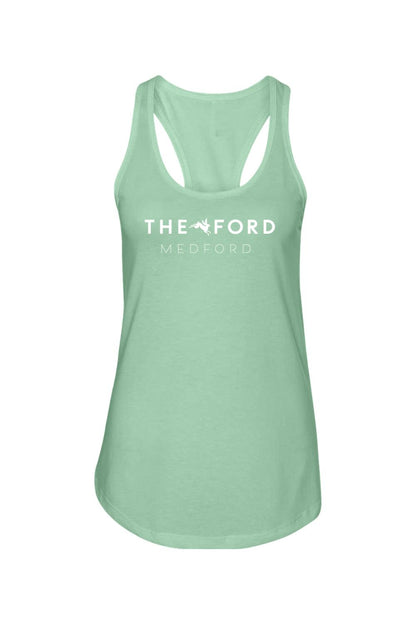 Light green racerback tank top with white The Ford Medford logo in a soft cotton-poly blend.