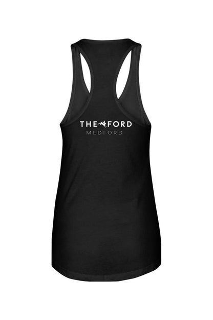 Black racerback tank top featuring a white The Ford Medford logo on the back, made from soft cotton-polyester blend.