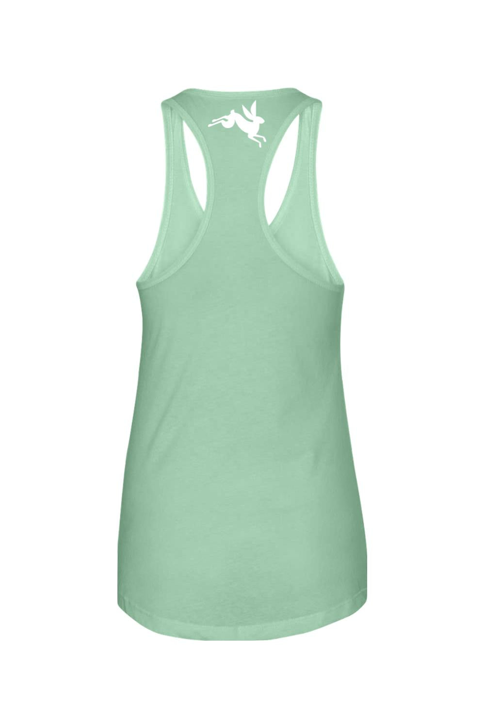 Light green racerback tank top in a soft cotton-poly blend featuring a small white rabbit logo on the upper back.