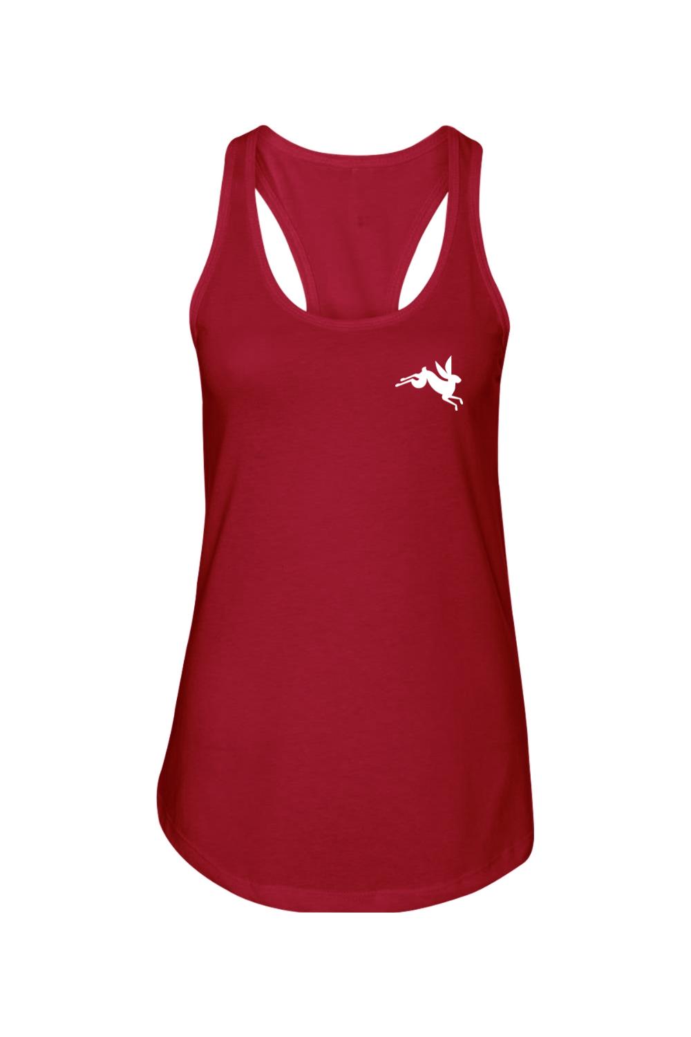 Red racerback tank top in soft cotton blend featuring a white leaping rabbit logo on the chest.