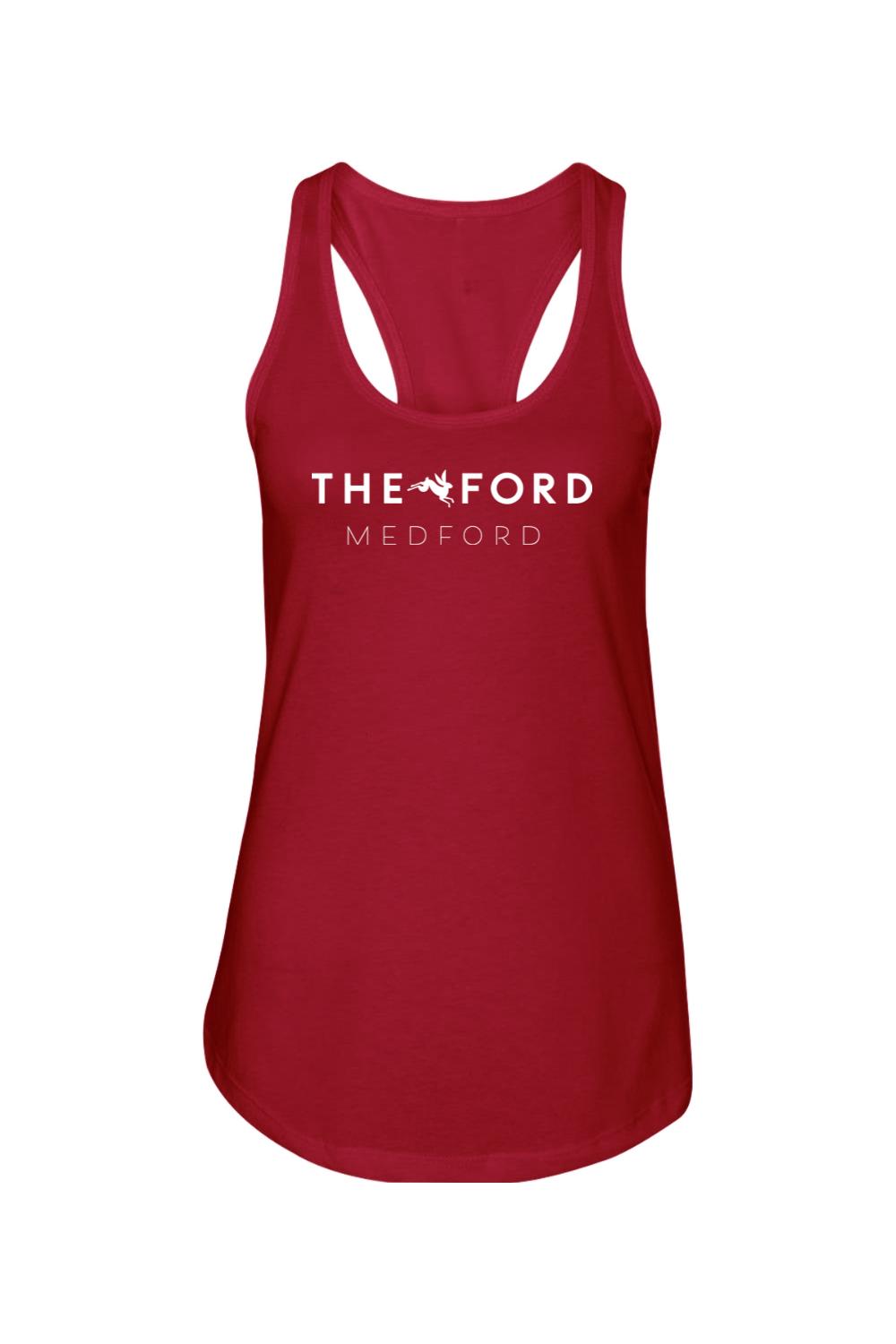 Red racerback tank top featuring white The Ford Medford logo text on a lightweight cotton-polyester blend fabric.