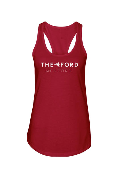 Red racerback tank top featuring white The Ford Medford logo text on a lightweight cotton-polyester blend fabric.
