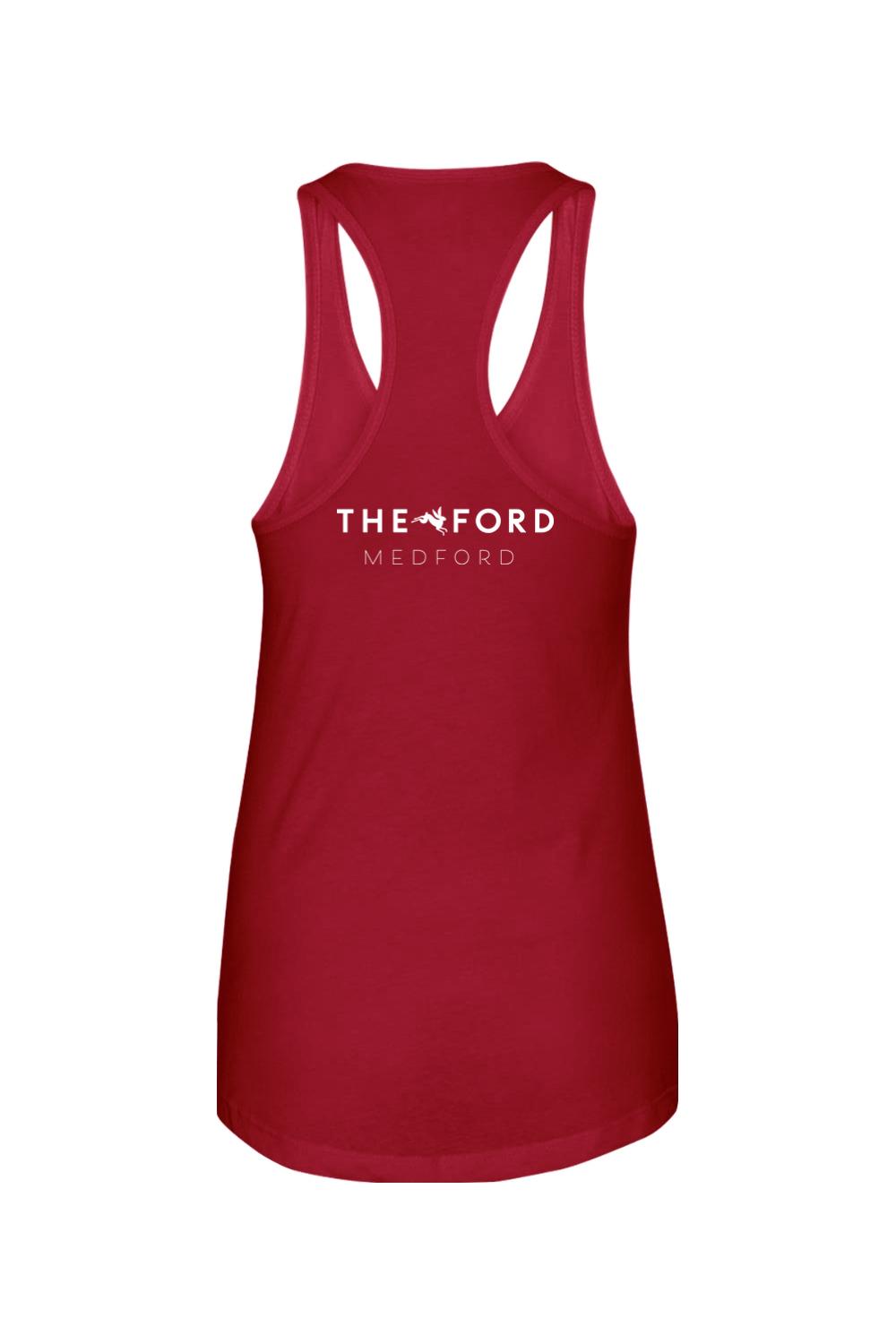 Red racerback tank top made of cotton-polyester blend featuring The Ford Medford white logo on the back.