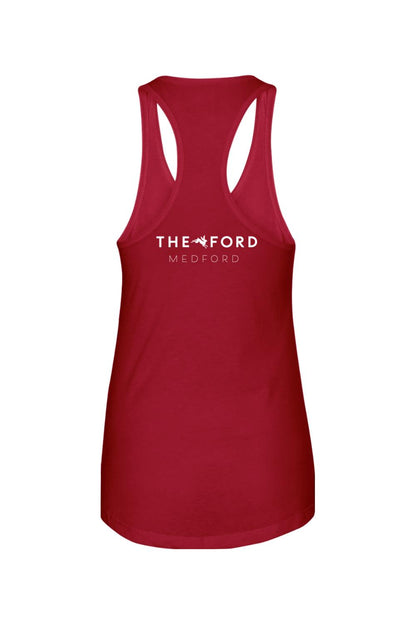 Red racerback tank top made of cotton-polyester blend featuring The Ford Medford white logo on the back.
