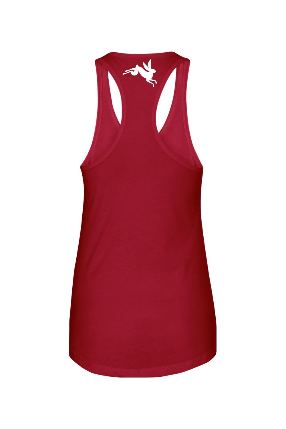 Red racerback tank top made of soft cotton-polyester blend with a white rabbit logo on the upper back.