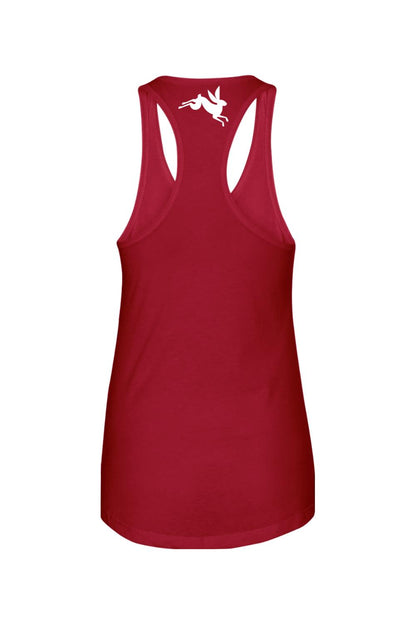 Red racerback tank top made of soft cotton-polyester blend with a white rabbit logo on the upper back.