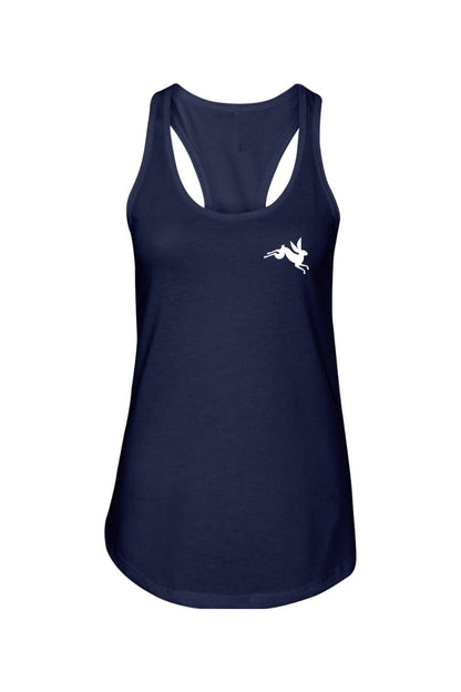 Navy blue racerback tank top with a white jumping rabbit logo on the chest, made from a cotton-polyester blend.