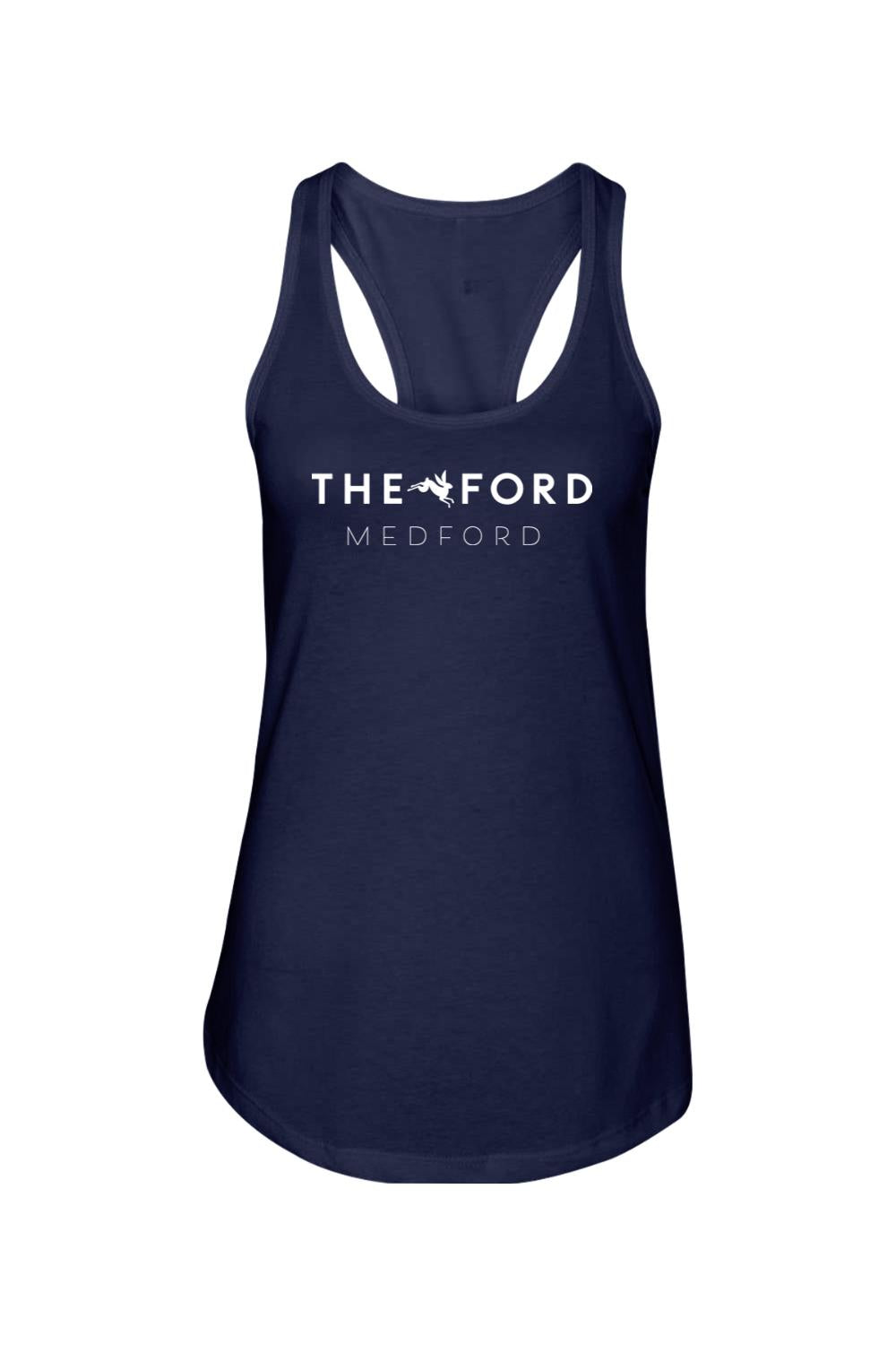 Navy blue racerback tank top with white The Ford Medford logo printed on the chest in a soft cotton-poly blend.
