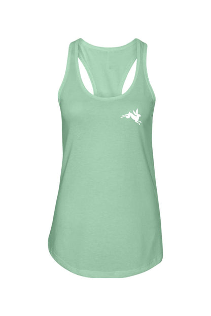 Light green racerback tank top in a cotton-poly blend featuring a small white leaping rabbit logo on the chest.