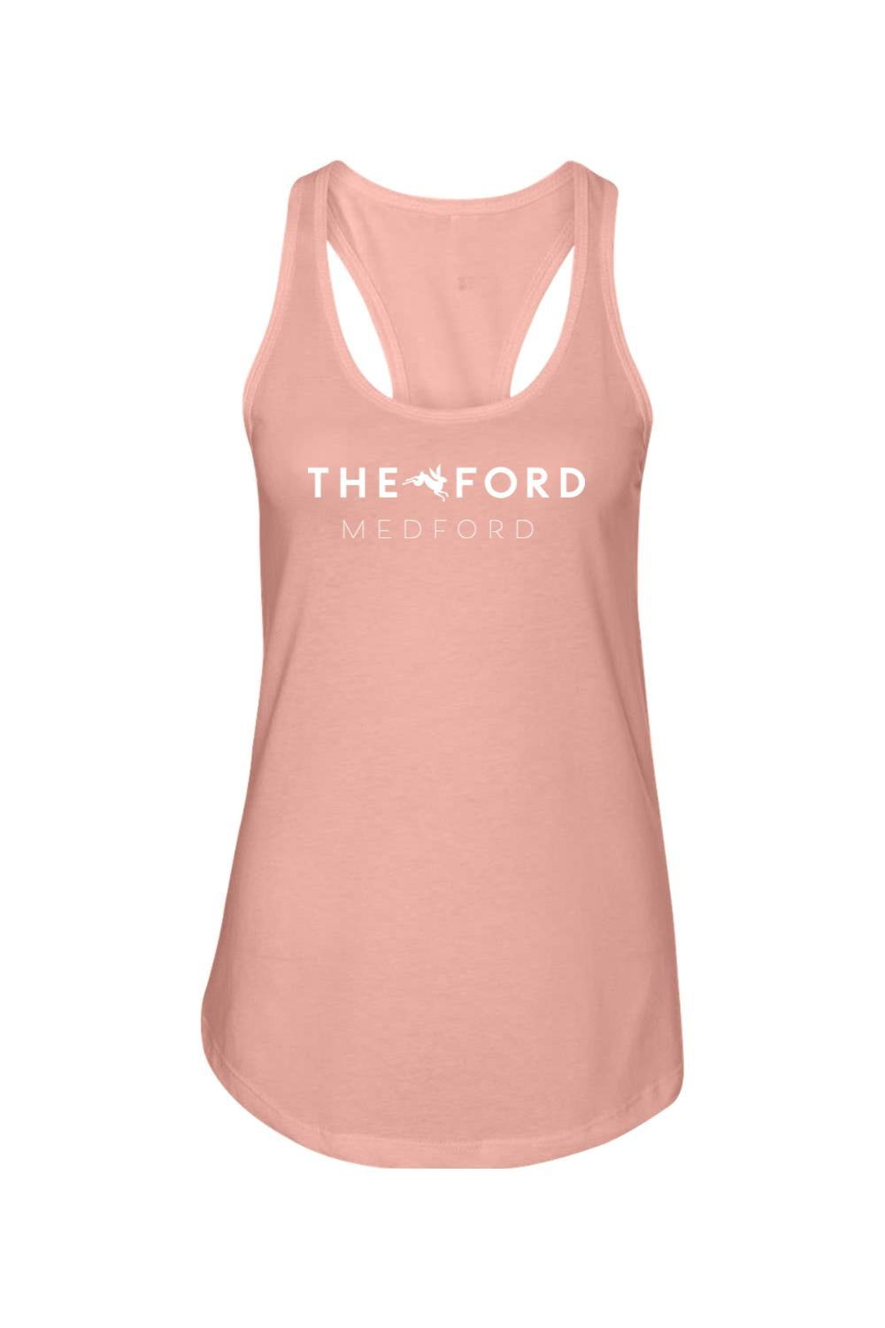 Dusty rose racerback tank top with white The Ford Medford logo printed on the front, made from a soft cotton blend.