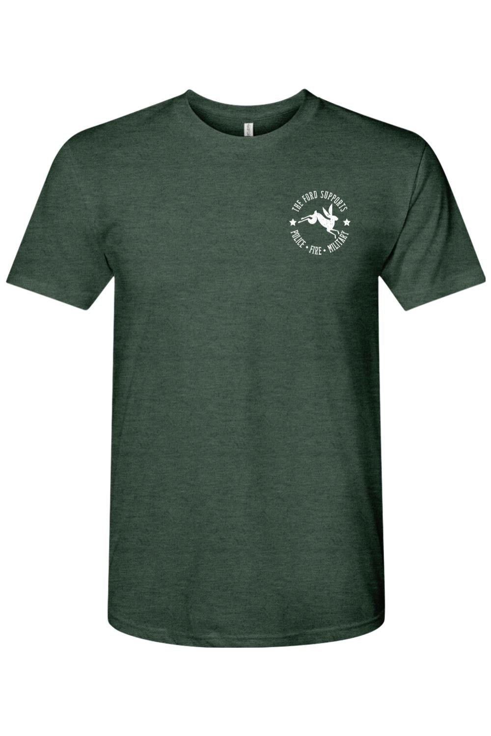 Dark green triblend crewneck t-shirt featuring a white rabbit logo and text supporting police, fire, and military.