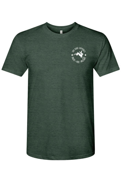 Dark green triblend crewneck t-shirt featuring a white rabbit logo and text supporting police, fire, and military.