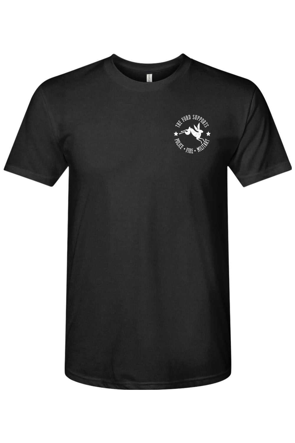 Black triblend crewneck t-shirt featuring a white Ford support logo with a rabbit graphic on the left chest.
