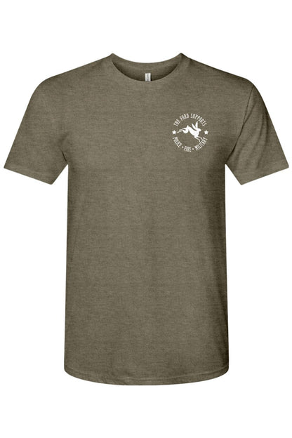 Olive green triblend crewneck t-shirt featuring a white chest logo honoring police, fire, and military personnel.