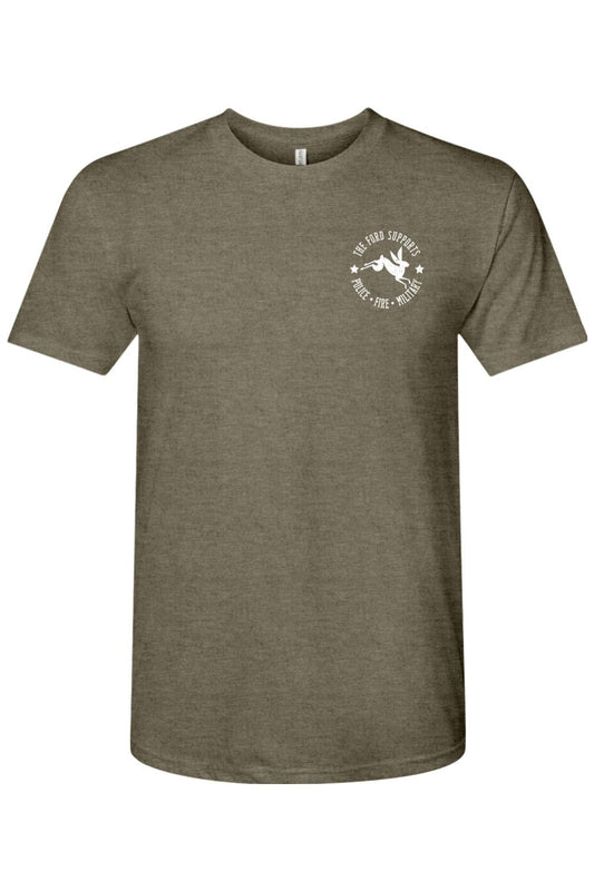 Olive green triblend crewneck t-shirt featuring a white chest logo honoring police, fire, and military personnel.