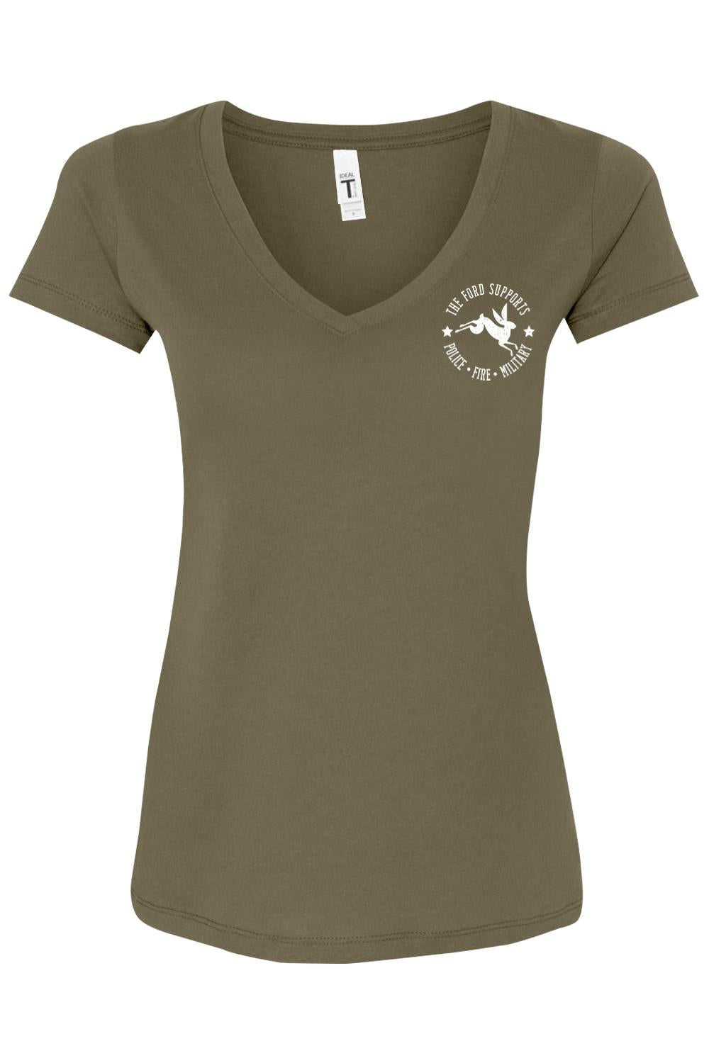 Olive green women's cotton blend v-neck t-shirt with white rabbit logo supporting police, fire, and military.
