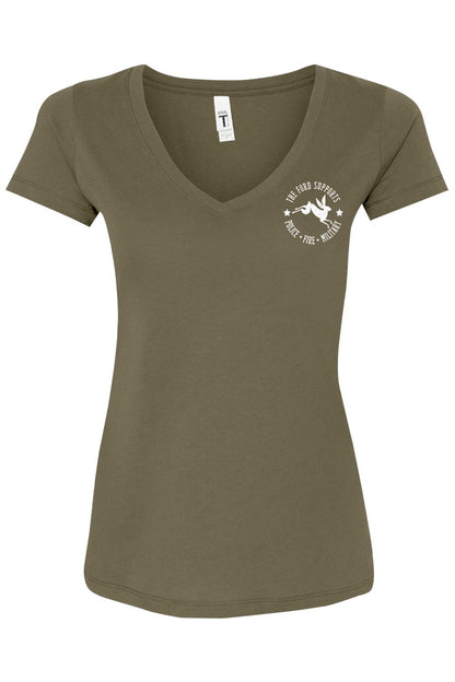 Olive green women's cotton blend v-neck t-shirt with white rabbit logo supporting police, fire, and military.