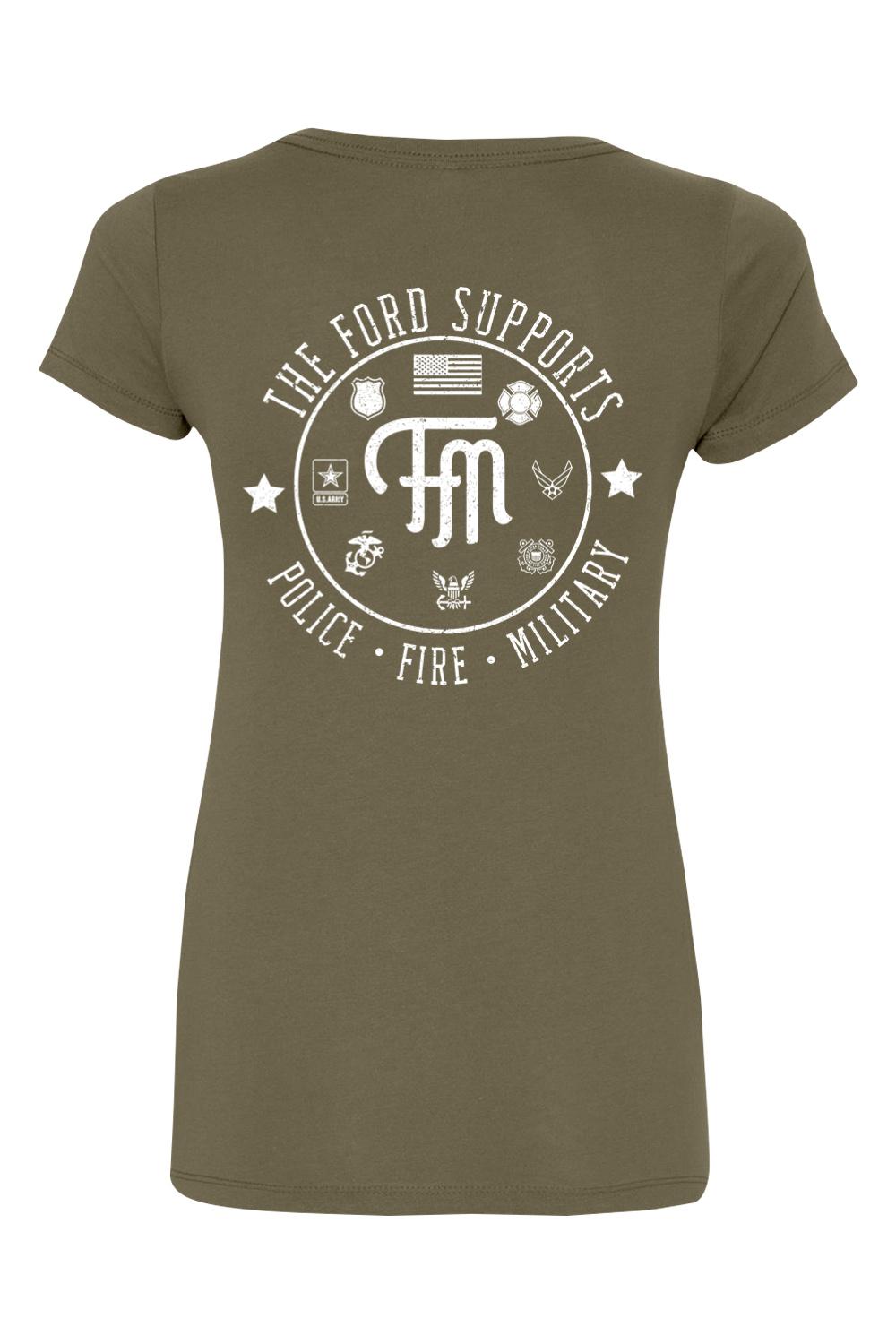 Olive green women's cotton blend v-neck t-shirt featuring a white graphic supporting police, fire, and military.