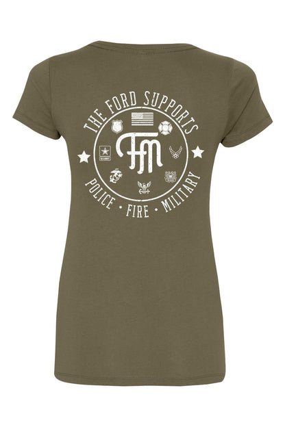 Olive green women's cotton blend v-neck t-shirt featuring a white graphic supporting police, fire, and military.