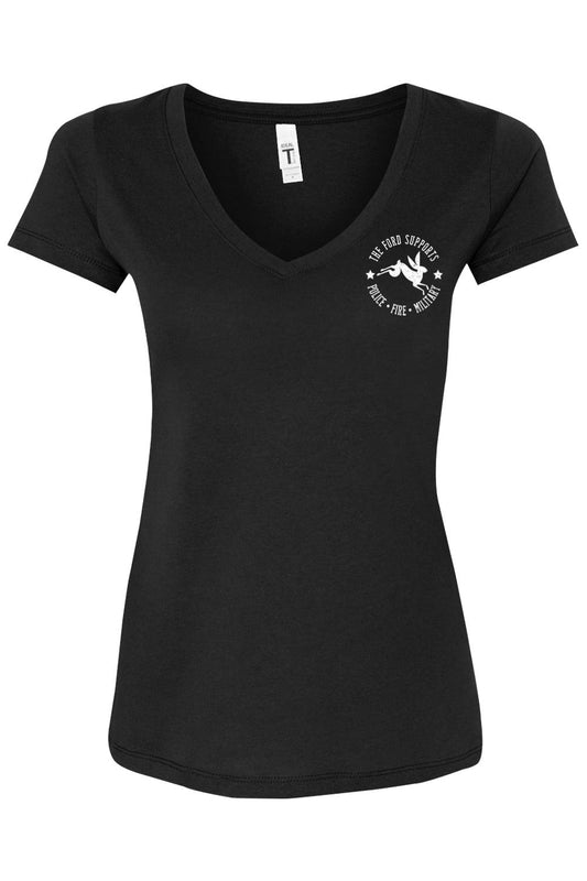 Black women's cotton blend v-neck t-shirt with a white rabbit logo supporting police, fire, and military.