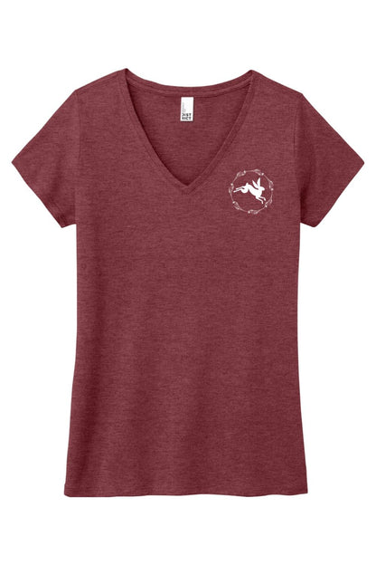 Maroon triblend women's v-neck tee featuring a white rabbit logo inside a floral wreath on the chest.