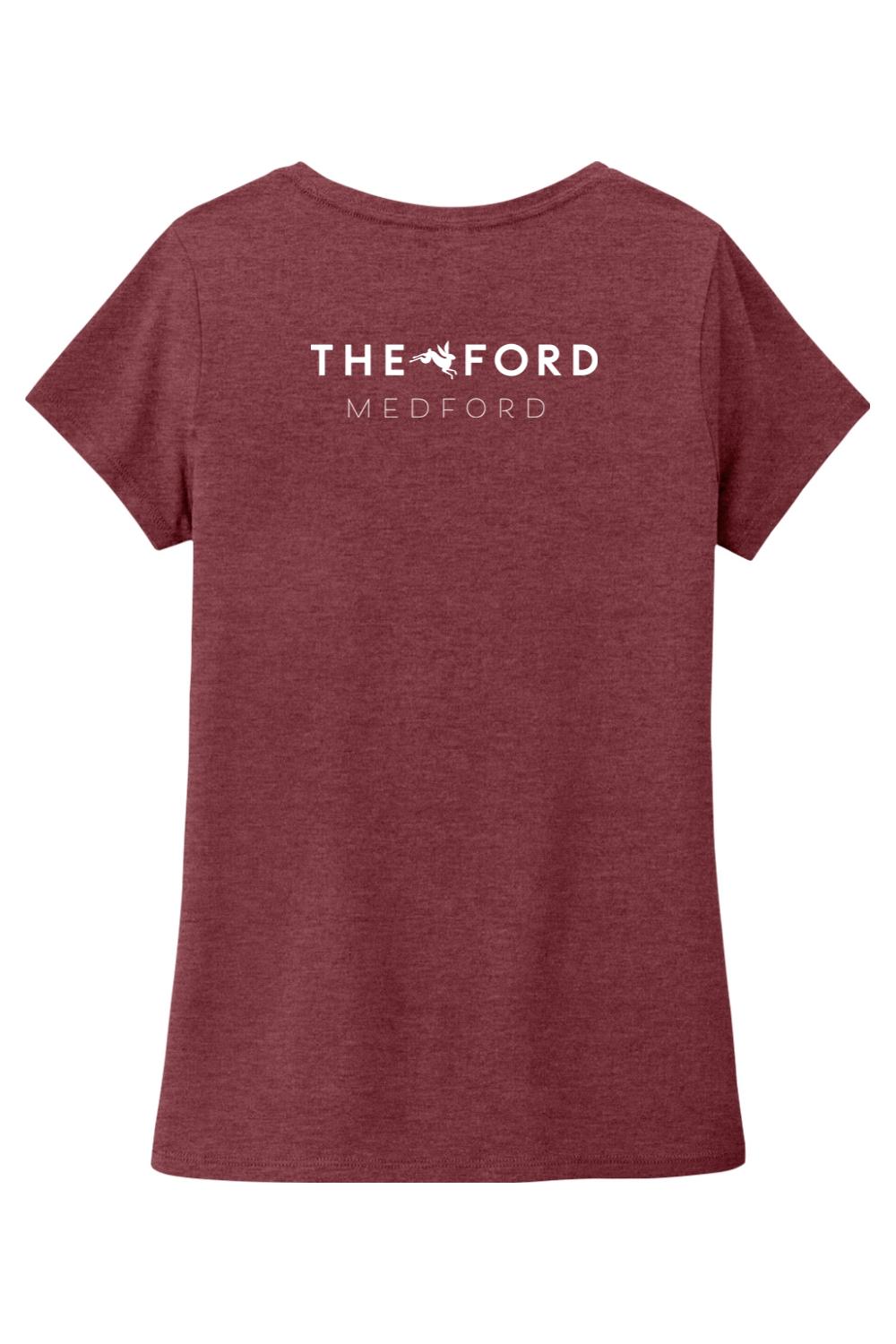 Maroon triblend V-neck tee featuring white The Ford Medford logo on the back.
